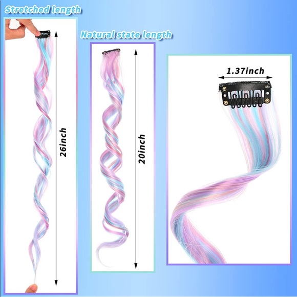 NEW Curly Unicorn 26" Long Clip-in Hair Extensions 7 Pcs Pink Purple & Blue - Picture 5 of 8